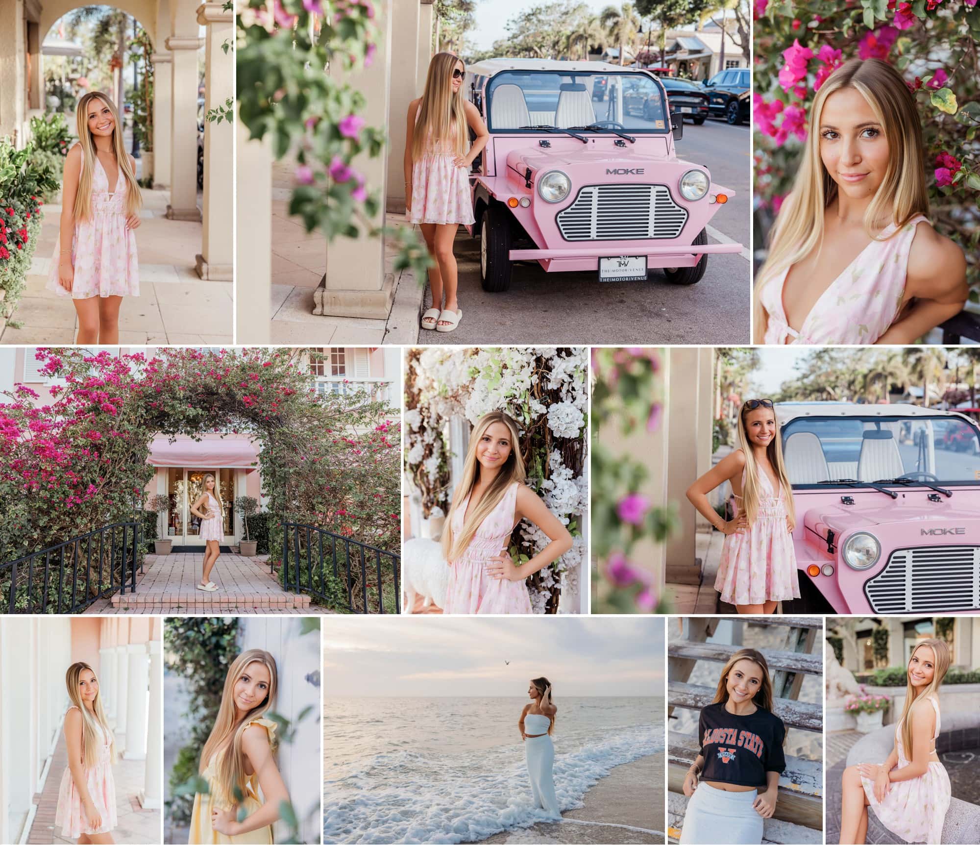 A collage of senior portrait photos featuring a high school girl in various scenic locations around Naples, Florida. Images include her standing barefoot along the shoreline at sunset, smiling by the Naples Pier, posing in a floral dress among lush tropical greenery, and walking through downtown Naples in a stylish outfit. The series captures a mix of candid and posed moments, highlighting her personality, confidence, and the beauty of Southwest Florida’s beaches, gardens, and coastal charm.